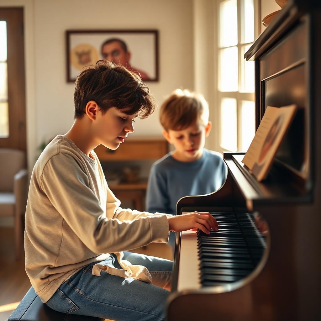 A teen volunteer teaching a child to play piano